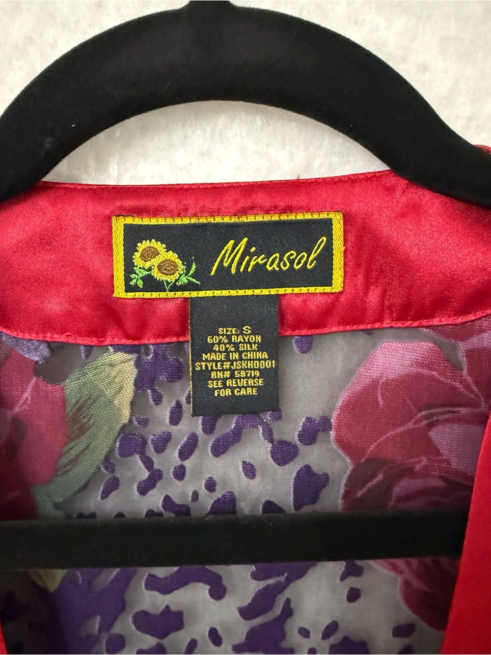 Mirasol Purple Floral sheer kimono with Red Satin Trim - Picture 3 of 7